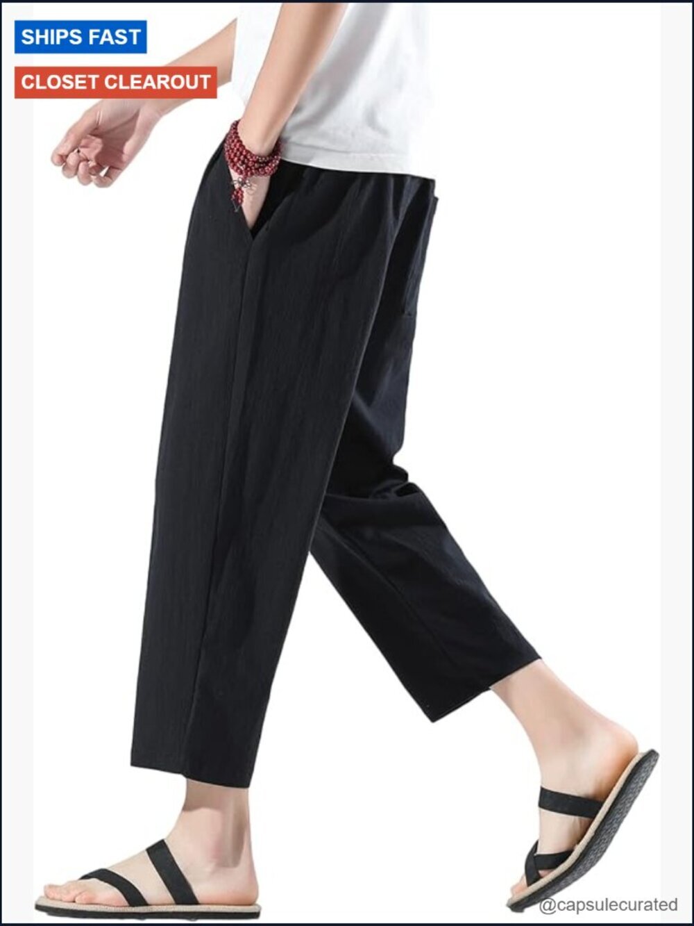 Mens Harem Pants Casual Lightweight Loose Fit Capri Linen Beach Elastic Waist